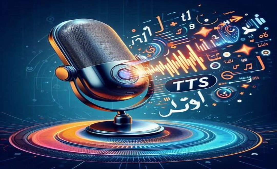 صورة رمزية لميكروفون مع اختصار TTS و بعض الرموز العربية، تعبر عن تكنولوجيا تحويل النص إلى صوت باللغة العربية.